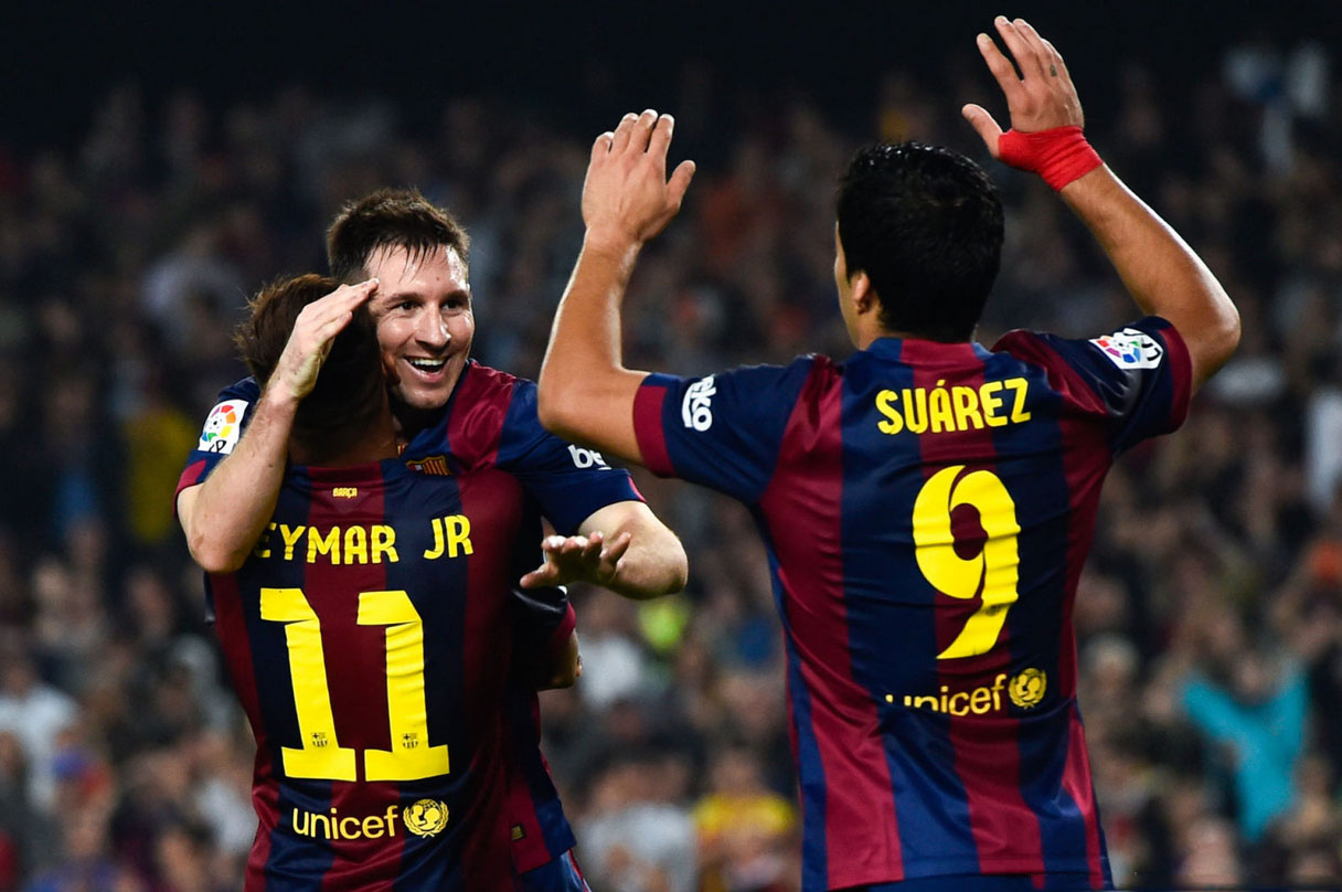 Neymar, Messi and Suárez celebrating a Barcelona goal