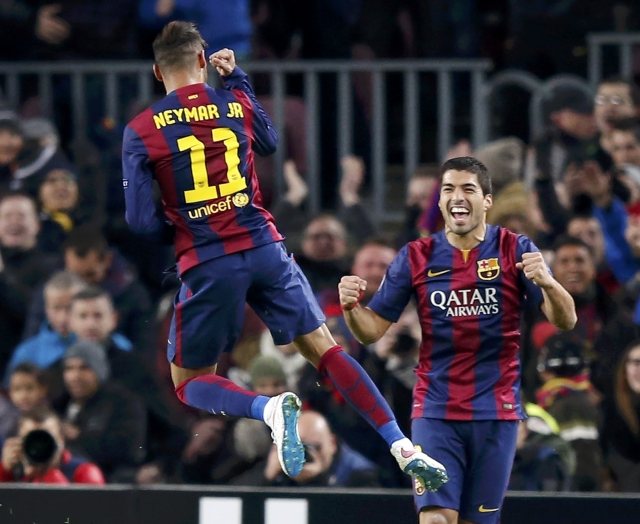 Neymar and Luis Suárez celebrating Barcelona goal at the Camp Nou