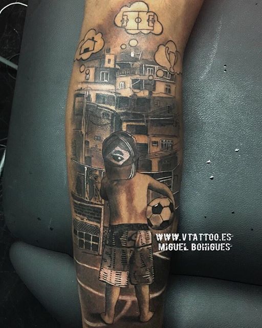 Neymar left leg tattoo, showing his childhood dreams