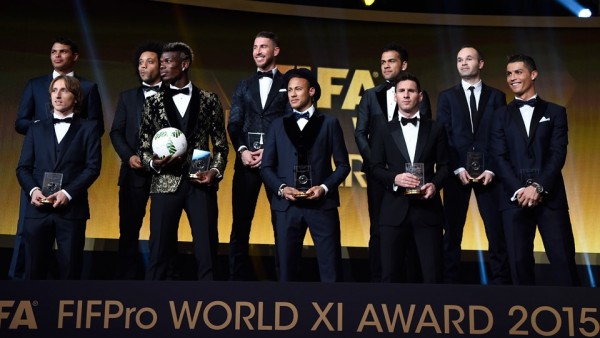 Neymar photo in the middle of the 2015 FIFA FIFPro XI