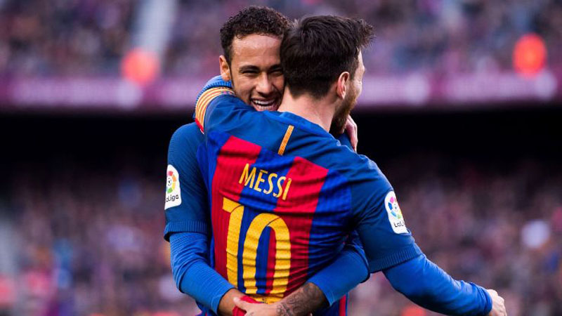 Neymar hugging Messi in FC Barcelona