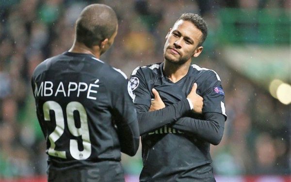 Neymar and Mbappé celebrating PSG goal