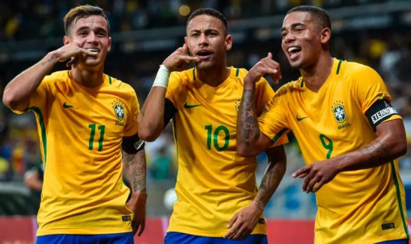 Neymar and his teammates celebrating goal for Brazil